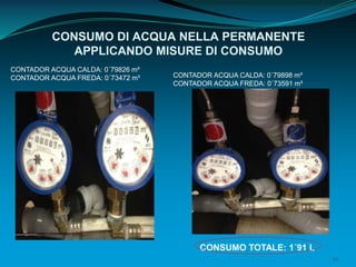 39
CONSUMO DI ACQUA NELLA PERMANENTE
APPLICANDO MISURE DI CONSUMO
CONTADOR ACQUA CALDA: 0´79826 m³
CONTADOR ACQUA FREDA: 0´73472 m³ CONTADOR ACQUA CALDA: 0´79898 m³
CONTADOR ACQUA FREDA: 0´73591 m³
CONSUMO TOTALE: 1´91 L
 