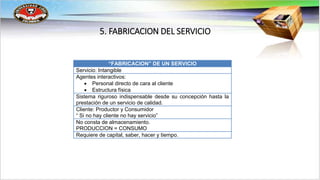 5. FABRICACION DEL SERVICIO 
“FABRICACION” DE UN SERVICIO 
Servicio: Intangible 
Agentes interactivos: 
 Personal directo de cara al cliente 
 Estructura física 
Sistema riguroso indispensable desde su concepción hasta la 
prestación de un servicio de calidad. 
Cliente: Productor y Consumidor 
“ Si no hay cliente no hay servicio” 
No consta de almacenamiento. 
PRODUCCION = CONSUMO 
Requiere de capital, saber, hacer y tiempo. 
 