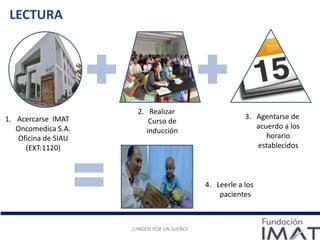 ¡UNIDOS POR UN SUEÑO!¡UNIDOS POR UN SUEÑO!¡UNIDOS POR UN SUEÑO!¡UNIDOS POR UN SUEÑO!
LECTURA
1. Acercarse IMAT
Oncomedica S.A.
Oficina de SIAU
(EXT:1120)
2. Realizar
Curso de
inducción
3. Agentarse de
acuerdo a los
horario
establecidos
4. Leerle a los
pacientes
 