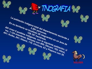 VOLVER
La población indígena total del departamento asciende a
3.591 personas.
En su territorio se localizan 26 resguardos en un área de
128.167 hectáreas.
Allí viven 6 pueblos indígenas, con la siguiente población: U
´wa, 1.124 miembros; Betoyes con 800; Sikuani, 782; Hitnü,
441; Kuiba, 241; Hitanü, 110; Chiricoa, 63 y Piapoco con 30.
 