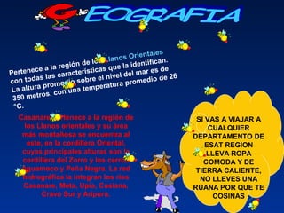 Pertenece a la región de los Llanos Orientales
con todas las características que la identifican.
La altura promedio sobre el nivel del mar es de
350 metros, con una temperatura promedio de 26
°C.
SI VAS A VIAJAR A
CUALQUIER
DEPARTAMENTO DE
ESAT REGION
LLEVA ROPA
COMODA Y DE
TIERRA CALIENTE,
NO LLEVES UNA
RUANA POR QUE TE
COSINAS
Casanare pertenece a la región de
los Llanos orientales y su área
más montañosa se encuentra al
este, en la cordillera Oriental,
cuyas principales alturas son la
cordillera del Zorro y los cerros
Aguamoco y Peña Negra. La red
hidrográfica la integran los ríos
Casanare, Meta, Upía, Cusiana,
Cravo Sur y Ariporo.
 