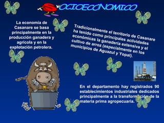 La economía de
Casanare se basa
principalmente en la
producción ganadera y
agrícola y en la
explotación petrolera.
En el departamento hay registrados 90
establecimientos industriales dedicados
principalmente a la transformación de la
materia prima agropecuaria.
Tradicionalmente el territorio de Casanare
ha tenido como principales actividades
económicas la ganadería extensiva y el
cultivo de arroz (especialmente en los
municipios de Aguazul y Yopal).
 