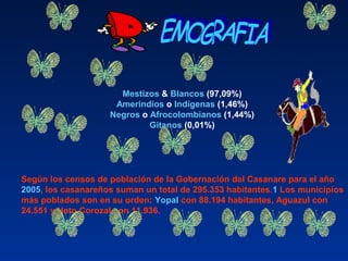 Mestizos & Blancos (97,09%)
Amerindios o Indígenas (1,46%)
Negros o Afrocolombianos (1,44%)
Gitanos (0,01%)
Según los censos de población de la Gobernación del Casanare para el año
2005, los casanareños suman un total de 295.353 habitantes.1 Los municipios
más poblados son en su orden: Yopal con 88.194 habitantes, Aguazul con
24.551 y Hato Corozal con 11.936.
 