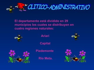 El departamento está dividido en 29
municipios los cuales se distribuyen en
cuatro regiones naturales:
Ariari
Capital
Piedemonte
Río Meta.
 