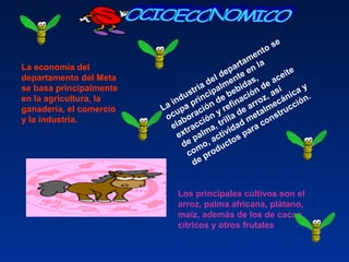 La economía del
departamento del Meta
se basa principalmente
en la agricultura, la
ganadería, el comercio
y la industria.
Los principales cultivos son el
arroz, palma africana, plátano,
maíz, además de los de cacao,
cítricos y otros frutales
La industria del departamento se
ocupa principalmente en la
elaboración de bebidas,
extracción y refinación de aceite
de palma, trilla de arroz, así
como, actividad metalmecánica y
de productos para construcción.
 