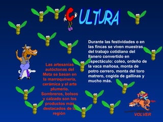 VOLVER
Durante las festividades o en
las fincas se viven muestras
del trabajo cotidiano del
llanero convertido en
espectáculo: coleo, ordeño de
la vaca mañosa, monta de
potro cerrero, monta del toro
matrero, cogida de gallinas y
mucho más.
Las artesanías
autóctonas del
Meta se basan en
la marroquinería,
cerámica y el arte
plumerío.
Sombreros, bolsos
y calzado son los
productos más
destacados de la
región
 