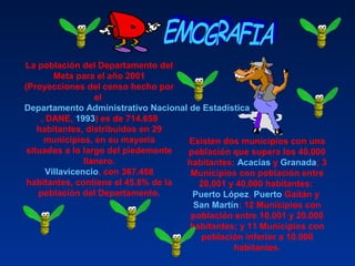 Existen dos municipios con una
población que supera los 40,000
habitantes: Acacías y Granada; 3
Municipios con población entre
20,001 y 40,000 habitantes:
Puerto López, Puerto Gaitán y
San Martín; 12 Municipios con
población entre 10.001 y 20.000
habitantes; y 11 Municipios con
población inferior a 10.000
habitantes.
La población del Departamento del
Meta para el año 2001
(Proyecciones del censo hecho por
el
Departamento Administrativo Nacional de Estadística
, DANE, 1993) es de 714.659
habitantes, distribuidos en 29
municipios, en su mayoría
situados a lo largo del piedemonte
llanero.
Villavicencio, con 367.458
habitantes, contiene el 45.8% de la
población del Departamento.
 