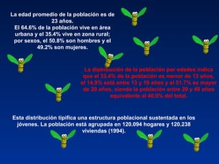 Esta distribución tipifica una estructura poblacional sustentada en los
jóvenes. La población está agrupada en 120.094 hogares y 120.238
viviendas (1994).
La edad promedio de la población es de
23 años.
El 64.6% de la población vive en área
urbana y el 35.4% vive en zona rural;
por sexos, el 50.8% son hombres y el
49.2% son mujeres.
La distribución de la población por edades indica
que el 33.4% de la población es menor de 13 años,
el 14.9% está entre 13 y 19 años y el 51.7% es mayor
de 20 años, siendo la población entre 20 y 49 años
equivalente al 40.9% del total.
 
