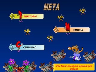 ERRITORIO1
EMORIA2
OMUNIDAD3
Por favor escoge la opción que
deseasVOLVER
AL MAPA
 