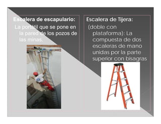 Escalera de escapulario:     Escalera de Tijera:
La portátil que se pone en    (doble con
  la pared de los pozos de      plataforma): La
  las minas.                    compuesta de dos
                                escaleras de mano
                                unidas por la parte
                                superior con bisagras
 