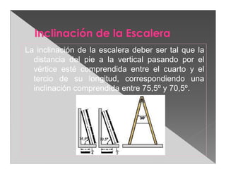 La inclinación de la escalera deber ser tal que la
  distancia del pie a la vertical pasando por el
  vértice esté comprendida entre el cuarto y el
  tercio de su longitud, correspondiendo una
  inclinación comprendida entre 75,5º y 70,5º.
 