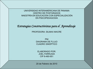 UNIVERSIDAD INTERAMERICANA DE PANAMA
            CENTRO DE POSTGRADOS
   MAESTRÍA EN EDUCACIÓN CON ESPECIALIZACIÓN
              EN PSICOPEDAGOGÍA



Estrategias Constructivistas para el Aprendizaje
            PROFESORA: SILMAX MACRE


                      PNI
               DIAGRAMA DE FLUJO
               CUADRO SINÓPTICO


                ELABORADO POR:
                 JOEL FARRUGIA
                  CIP 8-480-951


               20 de Febrero de 2010
 
