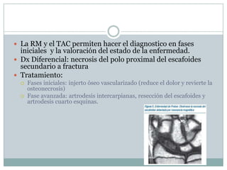  La RM y el TAC permiten hacer el diagnostico en fases
  iniciales y la valoración del estado de la enfermedad.
 Dx Diferencial: necrosis del polo proximal del escafoides
  secundario a fractura
 Tratamiento:
     Fases iniciales: injerto óseo vascularizado (reduce el dolor y revierte la
      osteonecrosis)
     Fase avanzada: artrodesis intercarpianas, resección del escafoides y
      artrodesis cuarto esquinas.
 