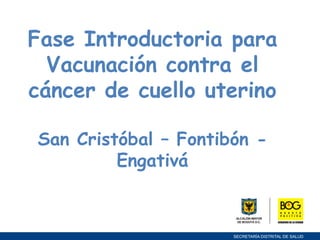 Fase Introductoria para
  Vacunación contra el
cáncer de cuello uterino

San Cristóbal – Fontibón -
         Engativá
 