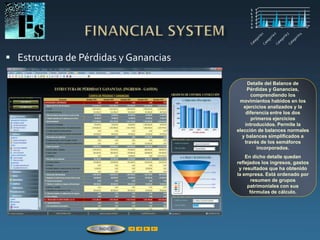  Estructura de Pérdidas y Ganancias
Detalle del Balance de
Pérdidas y Ganancias,
comprendiendo los
movimientos habidos en los
ejercicios analizados y la
diferencia entre los dos
primeros ejercicios
introducidos. Permite la
elección de balances normales
y balances simplificados a
través de los semáforos
incorporados.
En dicho detalle quedan
reflejados los ingresos, gastos
y resultados que ha obtenido
la empresa. Está ordenado por
resumen de grupos
patrimoniales con sus
fórmulas de cálculo.
ÍNDICE
 