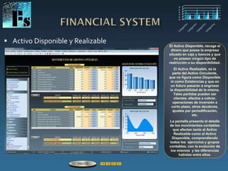  Activo Disponible y Realizable
El Activo Disponible, recoge el
dinero que posee la empresa
situado en caja y bancos y que
no poseen ningún tipo de
restricción a su disponibilidad.
El Activo Realizable, es la
parte del Activo Circulante,
que no figura como Disponible
ni como Existencias y que en
un futuro pasarán a engrosar
la disponibilidad de la misma,
Tales partidas pueden ser
clientes, efectos a cobrar,
operaciones de inversión a
corto plazo, otros deudores,
ajustes por periodificación,
etc.
La pantalla presenta el detalle
de los movimientos contables
que afectan tanto al Activo
Realizable como al Activo
Disponible, comprendiendo
todos los ejercicios y grupos
contables, con la evolución de
los mismos y las diferencias
habidas entre ellos.
ÍNDICE
 