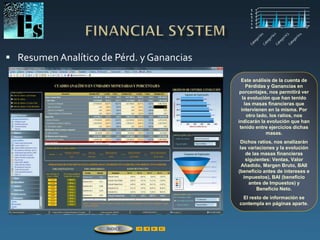  Resumen Analítico de Pérd. y Ganancias
Este análisis de la cuenta de
Pérdidas y Ganancias en
porcentajes, nos permitirá ver
la evolución que han tenido
las masas financieras que
intervienen en la misma. Por
otro lado, los ratios, nos
indicarán la evolución que han
tenido entre ejercicios dichas
masas.
Dichos ratios, nos analizarán
las variaciones y la evolución
de las masas financieras
siguientes: Ventas, Valor
Añadido, Margen Bruto, BAII
(beneficio antes de intereses e
impuestos), BAI (beneficio
antes de Impuestos) y
Beneficio Neto.
El resto de información se
contempla en páginas aparte.
ÍNDICE
 