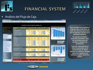 Análisis del Flujo de Caja
Esta pantalla nos analizará el
flujo de caja o cash-flow, es
decir los recursos generados
por la empresa a través de su
actividad ordinaria.
Su cálculo se obtiene
sumando al beneficio neto,
las amortizaciones del
período y también las
provisiones.
Todo ello representaría el
efectivo generado, en el
supuesto que en dicho
período se hubiesen cobrado
todos los ingresos y se
hubiesen pagado todos los
gastos.
ÍNDICE
 