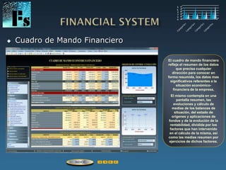  Cuadro de Mando Financiero
El cuadro de mando financiero
refleja el resumen de los datos
que precisa cualquier
dirección para conocer en
forma resumida, los datos mas
significativos referentes a la
situación económico-
financiera de la empresa,
El mismo contempla en una
pantalla resumen, las
evoluciones y cálculo de
medias de los balances de
situación, del estado de
orígenes y aplicaciones de
fondos y de la evolución de la
rentabilidad, dividida por los
factores que han intervenido
en el cálculo de la misma, así
como las medias resumen por
ejercicios de dichos factores.
ÍNDICE
 