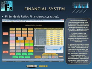  Pirámide de Ratios Financieros. (44 ratios).
Esta pirámide de 44 ratios
económico-financieros, parte
de la rentabilidad económica de
los capitales propios invertidos
y va descomponiéndose en
otros ratios y grupos de ratios a
partir de dicha rentabilidad.
La misma, muestra los
resultados de los ejercicios
analizados y en su informe
impreso, se realiza un informe
detallado de los períodos
analizados.
La aplicación permite introducir
el nº de empleados y las ventas
del sector, para poder evaluar
la evolución de los ratios que
intervenga en dichas partidas.
En "Estudios y Diagnósticos",
se realiza un análisis
exhaustivo de estos 44 ratios y
se complementa el mismo con
otros ratios, hasta llegar a los
71 que completan el estudio.
ÍNDICE
 