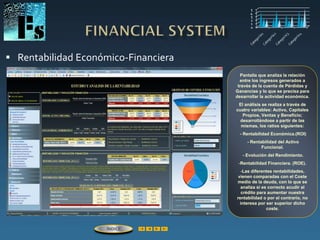  Rentabilidad Económico-Financiera
Pantalla que analiza la relación
entre los ingresos generados a
través de la cuenta de Pérdidas y
Ganancias y lo que se precisa para
desarrollar la actividad económica.
El análisis se realiza a través de
cuatro variables: Activo, Capitales
Propios, Ventas y Beneficio;
desarrollándose a partir de las
mismas, los ratios siguientes:
- Rentabilidad Económica.(ROI)
- Rentabilidad del Activo
Funcional.
- Evolución del Rendimiento.
-Rentabilidad Financiera. (ROE).
-Las diferentes rentabilidades,
vienen comparadas con el Coste
medio de la deuda, con lo que se
analiza si es correcto acudir al
crédito para aumentar nuestra
rentabilidad o por el contrario, no
interesa por ser superior dicho
coste.
ÍNDICE
 