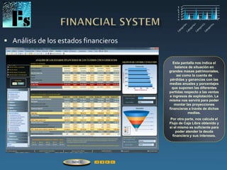  Análisis de los estados financieros
Esta pantalla nos indica el
balance de situación en
grandes masas patrimoniales,
así como la cuenta de
pérdidas y ganancias con las
medias anuales y porcentajes
que suponen las diferentes
partidas respecto a las ventas
e ingresos de explotación. La
misma nos servirá para poder
montar las proyecciones
financieras a través de dichas
medias.
Por otra parte, nos calcula el
Flujo de Caja Libre obtenido y
si el mismo es suficiente para
poder atender la deuda
financiera y sus intereses.
ÍNDICE
 