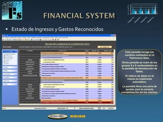  Estado de Ingresos y Gastos Reconocidos
Esta pantalla recoge los
cambios realizados en el
Patrimonio Neto.
Dicha pantalla se nutre de los
grupos 8 y 9 contemplados en
la pantalla de Introducción de
Datos.
El relleno de datos en la
misma es totalmente
automático.
La pantalla lleva una serie de
ayudas para la correcta
contabilización de los mismos.
ÍNDICE
 