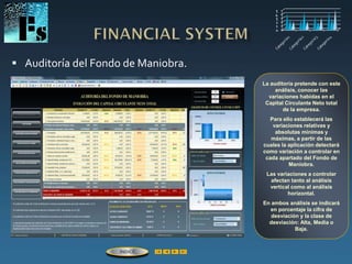  Auditoría del Fondo de Maniobra.
La auditoría pretende con este
análisis, conocer las
variaciones habidas en el
Capital Circulante Neto total
de la empresa.
Para ello establecerá las
variaciones relativas y
absolutas mínimas y
máximas, a partir de las
cuales la aplicación detectará
como variación a controlar en
cada apartado del Fondo de
Maniobra.
Las variaciones a controlar
afectan tanto al análisis
vertical como al análisis
horizontal.
En ambos análisis se indicará
en porcentaje la cifra de
desviación y la clase de
desviación: Alta, Media o
Baja.
ÍNDICE
 