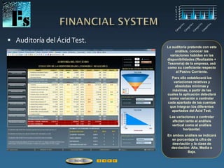  Auditoría del ÁcidTest.
La auditoría pretende con este
análisis, conocer las
variaciones habidas en las
disponibilidades (Realizable +
Tesorería) de la empresa, asó
como su coeficiente respecto
al Pasivo Corriente.
Para ello establecerá las
variaciones relativas y
absolutas mínimas y
máximas, a partir de las
cuales la aplicación detectará
como variación a controlar
cada apartado de las cuentas
que integran los diferentes
apartados del Ácid Test.
Las variaciones a controlar
afectan tanto al análisis
vertical como al análisis
horizontal.
En ambos análisis se indicará
en porcentaje la cifra de
desviación y la clase de
desviación: Alta, Media o
Baja.
ÍNDICE
 