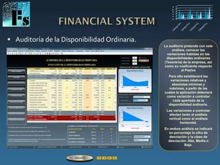  Auditoría de la Disponibilidad Ordinaria.
La auditoría pretende con este
análisis, conocer las
variaciones habidas en las
disponibilidades ordinarias
(Tesorería) de la empresa, así
como su coeficiente respecto
al Pasivo
Para ello establecerá las
variaciones relativas y
absolutas mínimas y
máximas, a partir de las
cuales la aplicación detectará
como variación a controlar
cada apartado de la
disponibilidad ordinaria.
Las variaciones a controlar
afectan tanto al análisis
vertical como al análisis
horizontal.
En ambos análisis se indicará
en porcentaje la cifra de
desviación y la clase de
desviación: Alta, Media o
Baja.
ÍNDICE
 