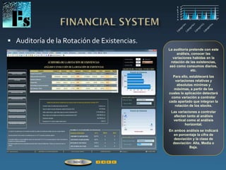  Auditoría de la Rotación de Existencias.
La auditoría pretende con este
análisis, conocer las
variaciones habidas en la
rotación de las existencias,
asó como consumos diarios,
etc.
Para ello, establecerá las
variaciones relativas y
absolutas mínimas y
máximas, a partir de las
cuales la aplicación detectará
como variación a controlar
cada apartado que integran la
rotación de los stocks.
Las variaciones a controlar
afectan tanto al análisis
vertical como al análisis
horizontal.
En ambos análisis se indicará
en porcentaje la cifra de
desviación y la clase de
desviación: Alta, Media o
Baja.
ÍNDICE
 