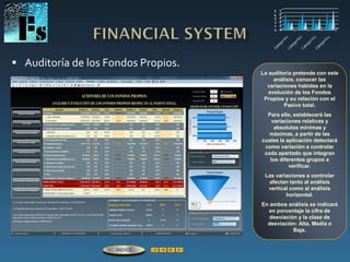  Auditoría de los Fondos Propios.
La auditoría pretende con este
análisis, conocer las
variaciones habidas en la
evolución de los Fondos
Propios y su relación con el
Pasivo total.
Para ello, establecerá las
variaciones relativas y
absolutas mínimas y
máximas, a partir de las
cuales la aplicación detectará
como variación a controlar
cada apartado que integran
los diferentes grupos a
verificar.
Las variaciones a controlar
afectan tanto al análisis
vertical como al análisis
horizontal.
En ambos análisis se indicará
en porcentaje la cifra de
desviación y la clase de
desviación: Alta, Media o
Baja.
ÍNDICE
 