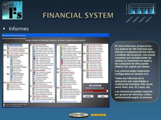  Informes
El menú Informes, proporciona
una batería de 104 informes que
afectan a cualquiera de los menús
o análisis del proyecto. Los puede
visualizar por pantalla antes de
realizar su impresión en papel y
de cualquiera de ellos puede
obtener las copias que desee.
Los mismos están totalmente
configurados en tamaño A-4.
Todos los informes de la
aplicación son exportables a
multitud de formatos: Pdf, excel,
word, html, xml, rtf, Lotus, etc.
Los mismos se pueden imprimir
por grupos de informes, o bien,
unitariamente según se precise.
ÍNDICE
 