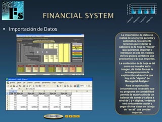  Importación de Datos
La importación de datos se
realiza de una forma sencilla y
automática. Únicamente
tenemos que rellenar la
cabecera de la hoja de “Excel”
que queramos importar e
introducir en ella los valores
del los grupos contables que
precisemos y de sus importes.
La confección de la hoja es tal
como se muestra en la
imagen, de todas formas le
aconsejamos mire la
explicación exhaustiva que
hay en la “Ayuda” de
Managerial Analyzer.
Para la importación
únicamente es necesario que
su programa de contabilidad
permita la exportación de un
balance de sumas y saldos a
nivel de 3 y 4 dígitos, lo demás
será únicamente copiar y
pegar dichos datos en la hoja
de “excel” que precise
importar.
ÍNDICE
 