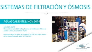 SISTEMAS DE FILTRACIÓN Y ÓSMOSIS
AGUASCALIENTES: NOV 2014
AGUASCALIENTES
Ósmosis Inversa de 9600 GPD, y Sistema de Prefiltración,“Filtros de
Zeólita, Carbón, Suavizadores Duplex
Resultados: Agua Incolora, Sin turbiedad, sin STD, sin Dureza Dentro
de los Parametros de la NOM-127-SSA-1997
 