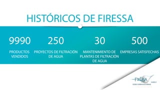 HISTÓRICOS DE FIRESSA
9990
PRODUCTOS
VENDIDOS
250
PROYECTOS DE FILTRACIÓN
DE AGUA
30
MANTENIMIENTO DE
PLANTAS DE FILTRACIÓN
DE AGUA
500
EMPRESAS SATISFECHAS
 