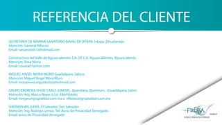 REFERENCIA DEL CLIENTE
SECRETARIA DE MARINA SANATORIO NAVAL DE IXTAPA. Ixtapa, Zihuatanejo.
Atención: General Alfonso
Email: sanavixtzih1@hotmail.com
Constructora del Valle de Aguascalientes S.A. DE C.V. Aguascalientes, Aguascaliente.
Atención: Rosa Maria
Email: covasa01@msn.com
MIGUEL ANGEL MORA MURO Guadalajara, Jalisco.
Atención: Miguel Angel Mora Muro
Email: moramuro.arquitectos@hotmail.com
GRUPO EBORDEX (IHOP, CARLS JUNIOR) . Queretaro, Queretaro. (Guadalajara, León)
Atención: Arq. Marco Reyes o Lic. Ella Filotelo
Email: mreyes@grupoebor.com.mx o efiloteo@grupoebor.com.mx
SHERWIN WILLIAMS. El Salvador, San Salvador .
Atención: Ing. Rodrigo Lemus Tel: Aviso de Privacidad Denegado
Email: aviso de Privacidad denegado
 