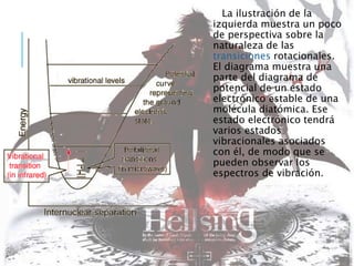 La ilustración de la
izquierda muestra un poco
de perspectiva sobre la
naturaleza de las
transiciones rotacionales.
El diagrama muestra una
parte del diagrama de
potencial de un estado
electrónico estable de una
molécula diatómica. Ese
estado electrónico tendrá
varios estados
vibracionales asociados
con él, de modo que se
pueden observar los
espectros de vibración.
 