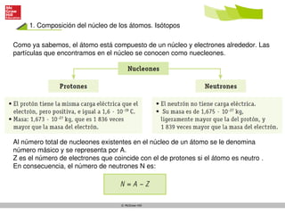 1. Composición del núcleo de los átomos. Isótopos
© McGraw-Hill
Como ya sabemos, el átomo está compuesto de un núcleo y electrones alrededor. Las
partículas que encontramos en el núcleo se conocen como nuecleones.
Al número total de nucleones existentes en el núcleo de un átomo se le denomina
número másico y se representa por A.
Z es el número de electrones que coincide con el de protones si el átomo es neutro .
En consecuencia, el número de neutrones N es:
 