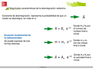 Magnitudes características de la desintegración radiactiva
© McGraw-Hill
Constante de desintegración, representa la probabilidad de que un
núcleo se desintegre, se mide en s-1
Ecuación fundamental de
la radioactividad.
Donde N y N0 son
el número de
núcleos final e
inicial.
Donde m y m0
son las masas
final e inicial.
Donde A y A0 son
la actividad final e
inicial.
Se puede expresar de tres
formas distintas:
 