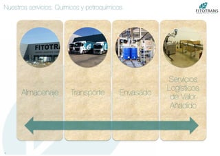 3	
  
Almacenaje
 Transporte
 Envasado
Servicios
Logísticos
de Valor
Añadido
Nuestros servicios. Químicos y petroquímicos.
 