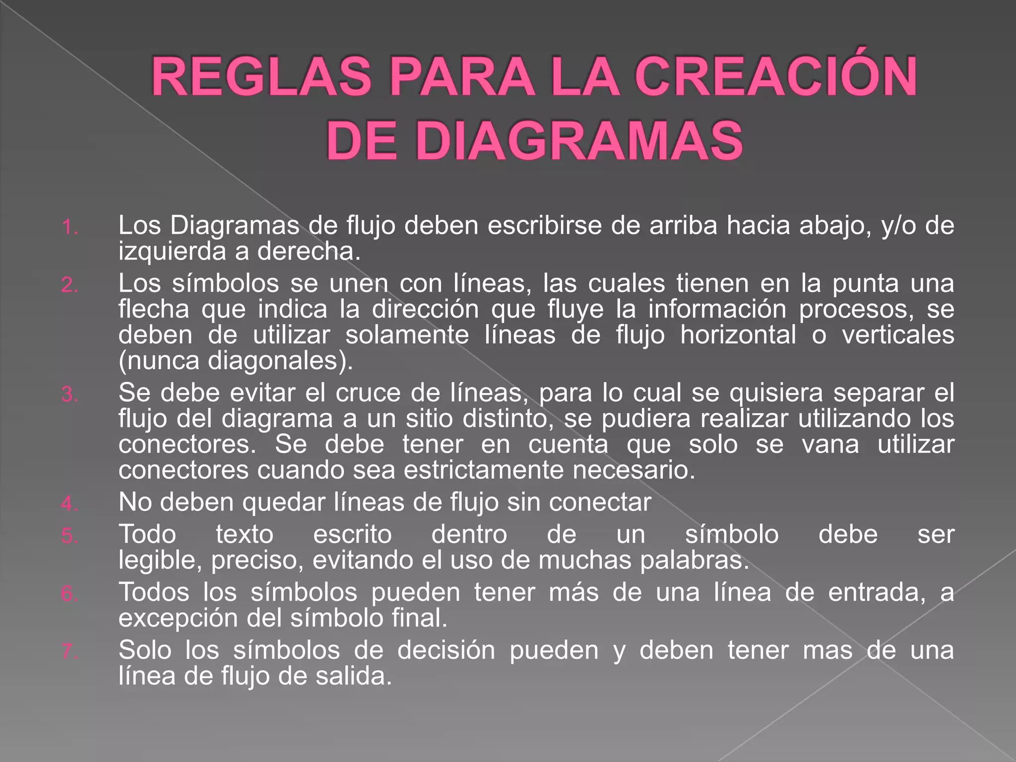 1.   Los Diagramas de flujo deben escribirse de arriba hacia abajo, y/o de
     izquierda a derecha.
2.   Los símbolos se unen con líneas, las cuales tienen en la punta una
     flecha que indica la dirección que fluye la información procesos, se
     deben de utilizar solamente líneas de flujo horizontal o verticales
     (nunca diagonales).
3.   Se debe evitar el cruce de líneas, para lo cual se quisiera separar el
     flujo del diagrama a un sitio distinto, se pudiera realizar utilizando los
     conectores. Se debe tener en cuenta que solo se vana utilizar
     conectores cuando sea estrictamente necesario.
4.   No deben quedar líneas de flujo sin conectar
5.   Todo texto escrito dentro de un símbolo debe ser
     legible, preciso, evitando el uso de muchas palabras.
6.   Todos los símbolos pueden tener más de una línea de entrada, a
     excepción del símbolo final.
7.   Solo los símbolos de decisión pueden y deben tener mas de una
     línea de flujo de salida.
 