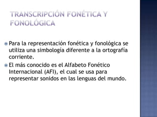 TRANSCRIPCIÓN FONÉTICA Y FONOLÓGICAPara la representación fonética y fonológica se utiliza una simbología diferente a la ortografía corriente.El más conocido es el Alfabeto Fonético Internacional (AFI), el cual se usa para representar sonidos en las lenguas del mundo.