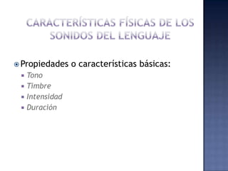 CARACTERÍSTICAS FÍSICAS DE LOS SONIDOS DEL LENGUAJEPropiedades o características básicas:TonoTimbreIntensidadDuración