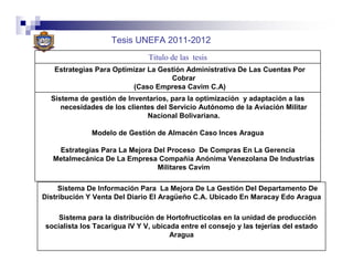 Tesis UNEFA 2011-2012
                               Titulo de las tesis
   Estrategias Para Optimizar La Gestión Administrativa De Las Cuentas Por
                                    Cobrar
                         (Caso Empresa Cavim C.A)
  Sistema de gestión de Inventarios, para la optimización y adaptación a las
     necesidades de los clientes del Servicio Autónomo de la Aviación Militar
                              Nacional Bolivariana.

              Modelo de Gestión de Almacén Caso Inces Aragua

    Estrategias Para La Mejora Del Proceso De Compras En La Gerencia
   Metalmecánica De La Empresa Compañía Anónima Venezolana De Industrias
                                Militares Cavim

     Sistema De Información Para La Mejora De La Gestión Del Departamento De
Distribución Y Venta Del Diario El Aragüeño C.A. Ubicado En Maracay Edo Aragua

    Sistema para la distribución de Hortofructicolas en la unidad de producción
socialista los Tacarigua IV Y V, ubicada entre el consejo y las tejerías del estado
                                      Aragua
 