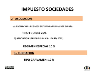 IMPUESTO SOCIEDADES
2.- ASOCIACION

 A) ASOCIACION : REGIMEN ENTIDAD PARCIALMENTE EXENTA

        TIPO FIJO DEL 25%
 B) ASOCIACION UTILIDAD PUBLICA ( LEY 49/ 2002)


         REGIMEN ESPECIAL 10 %

 3.- FUNDACION

          TIPO GRAVAMEN: 10 %
 