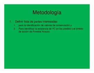 Metodología
1.    Definir lista de partes interesadas
     1.   para la identificación de valores de conservación y
     2.   Para identificar la existencia de VC en los predios o el ámbito
          de acción de Forestal Arauco.
 