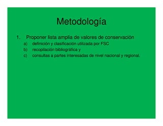 Metodología
1.    Proponer lista amplia de valores de conservación
     a)   definición y clasificación utilizada por FSC
     b)   recopilación bibliográfica y
     c)   consultas a partes interesadas de nivel nacional y regional.
 