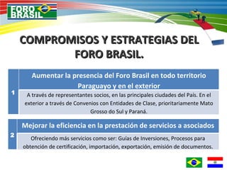 COMPROMISOS Y ESTRATEGIAS DEL FORO BRASIL. 1 Aumentar la presencia del Foro Brasil en todo territorio Paraguayo y en el exterior A través de representantes socios, en las principales ciudades del País. En el exterior a través de Convenios con Entidades de Clase, prioritariamente Mato Grosso do Sul y Paraná. 2 Mejorar la eficiencia en la prestación de servicios a asociados Ofreciendo más servicios como ser: Guías de Inversiones, Procesos para obtención de certificación, importación, exportación, emisión de documentos. 