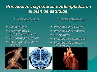 Principales asignaturas contempladas en el plan de estudios. Área profesional Salud Pública Microbiología y Parasitología Clínica Farmacología General Integrado de Clínicas Médicas Área profesional Internado de Pediatría Internado de Medicina  Ambulatoria Internado de Urgencias. Internado Obstetricia y Ginecología. 